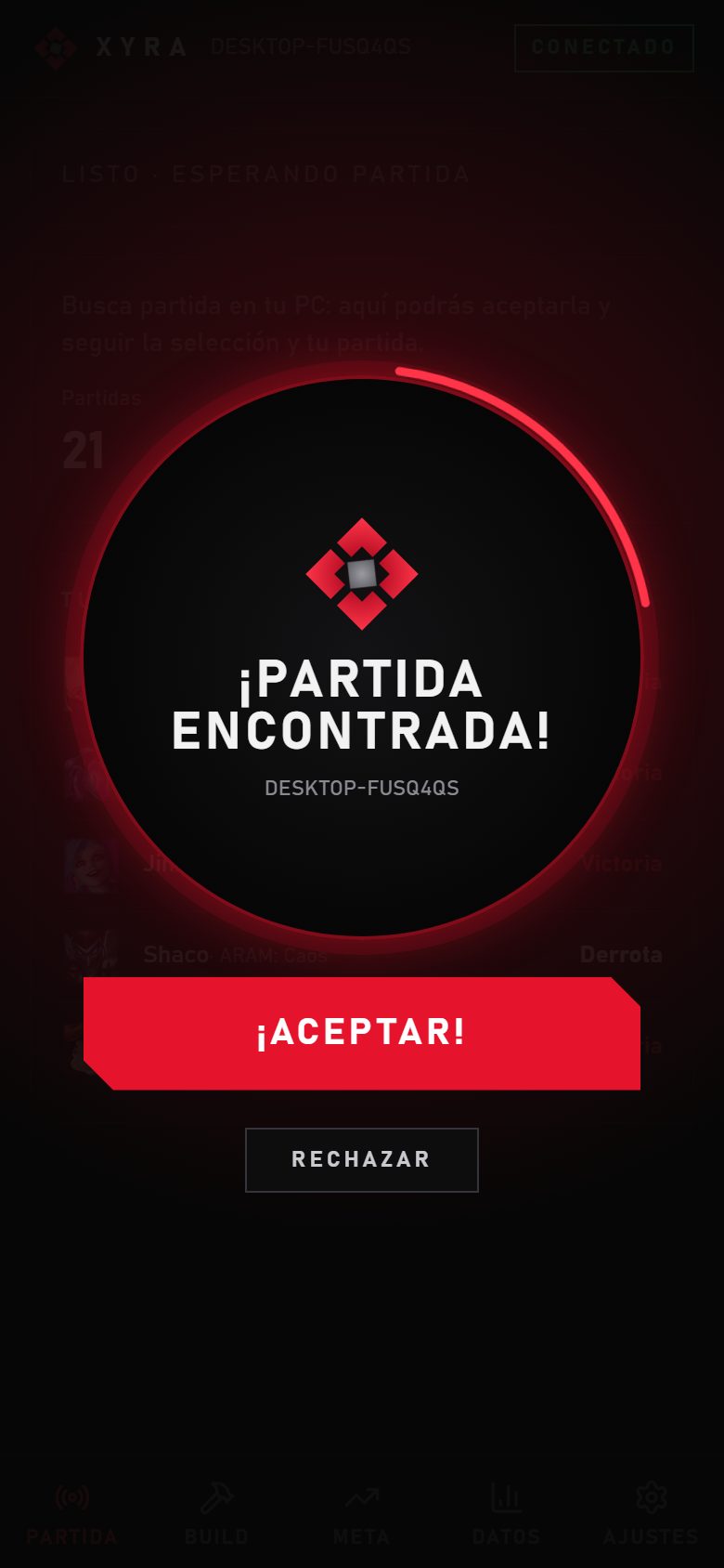 Partida encontrada en la app Xyra para Android