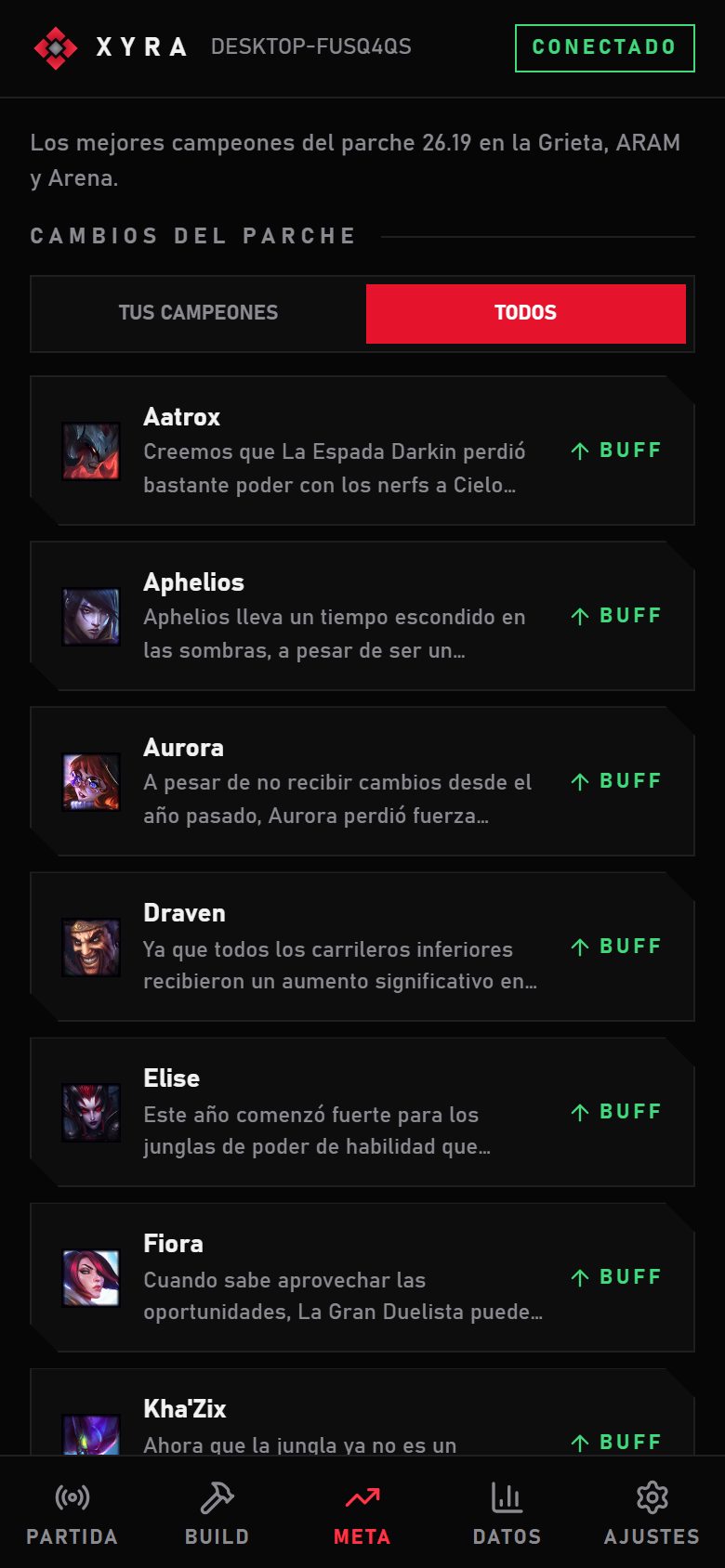 El meta del parche en la app Xyra para Android