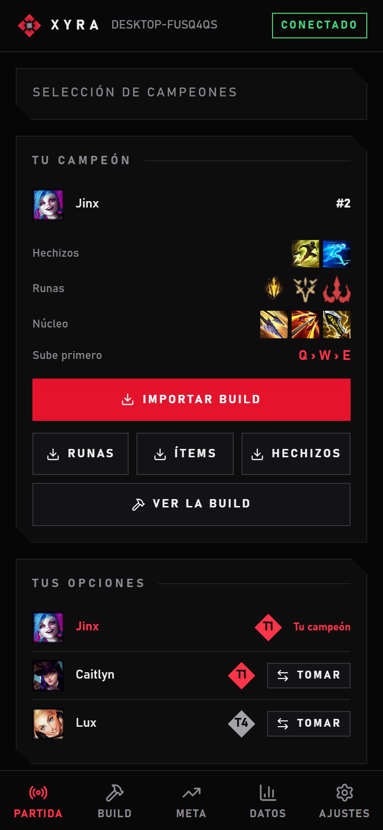 Selección de campeones en la app Xyra para Android