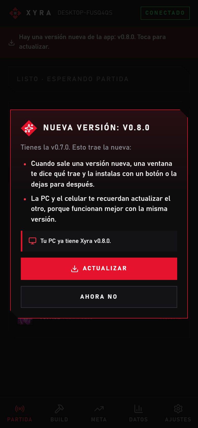 Aviso de nueva versión en la app Xyra para Android