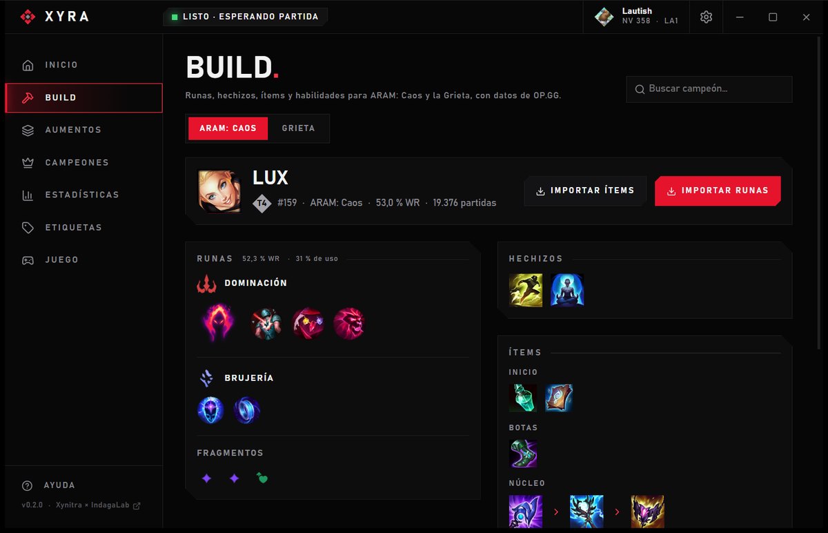 Pantalla de build de Xyra
