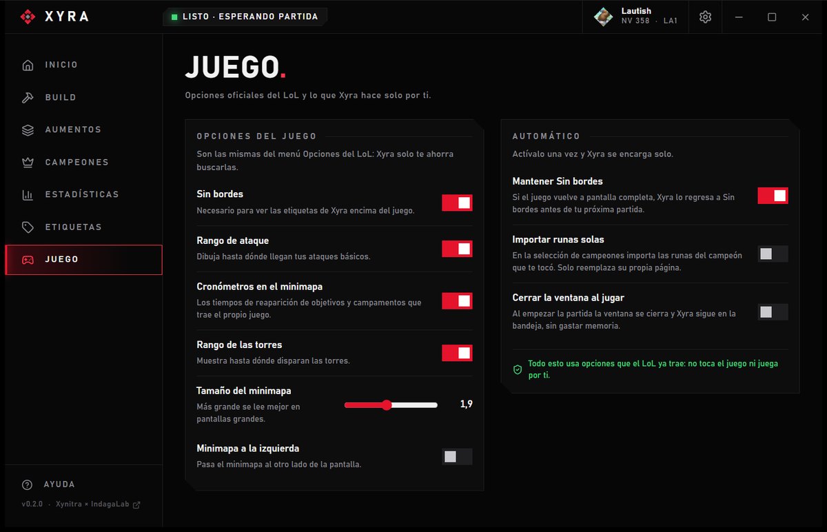 Opciones del juego en Xyra