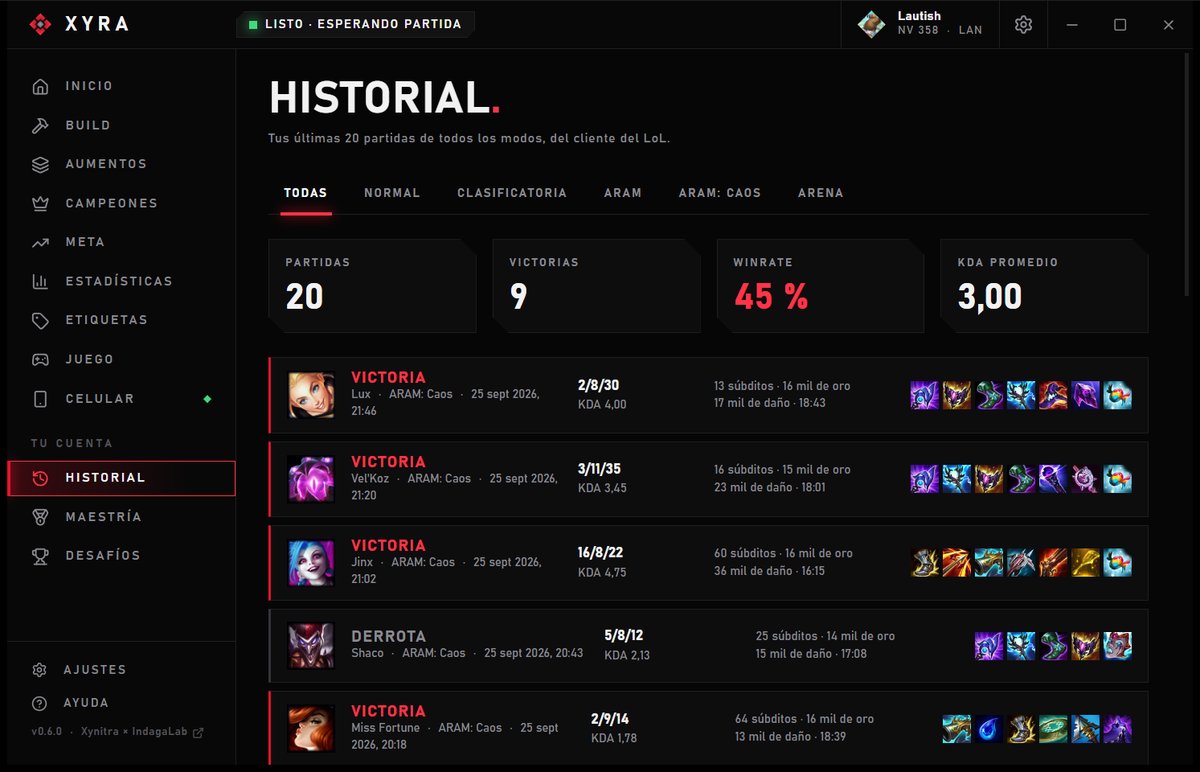 Historial de partidas en Xyra
