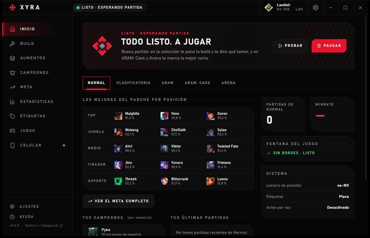 Pantalla de inicio de Xyra